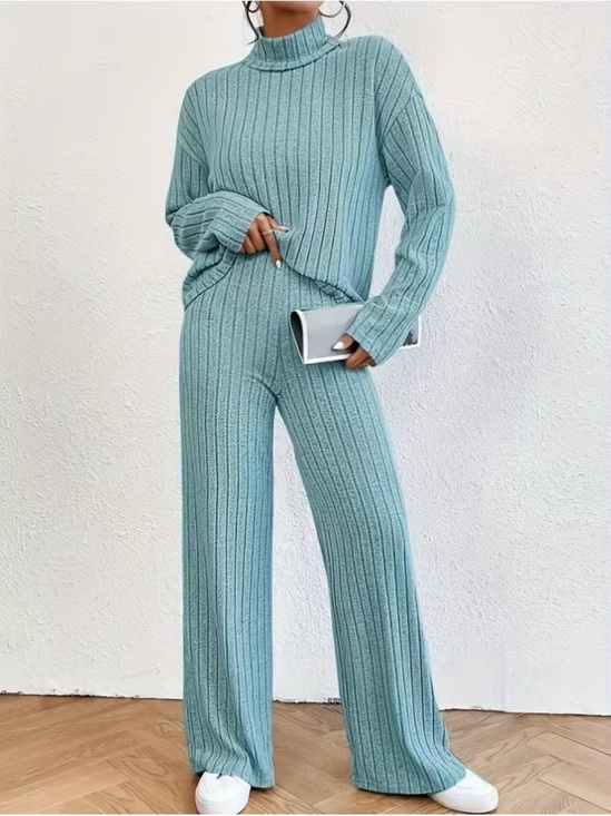 no brand Pants - Ribbed Wide-Leg Knit Pants in Light Teal Size S New!